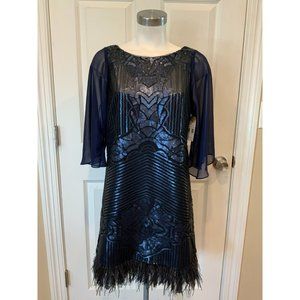 BCBG Max Azria Navy Blue Caterina Dress W/Sequins & Ostrich Feather Trim, Size S